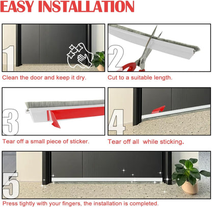 Door Sweep for Bottom of Door, 39.2" L Integrated Design with Brush, Self Adhesive Under Door Draft Stopper for Bottom of Door, Door Seal Dust/Noise/Hot or Cold Air Insulation, White 2" W