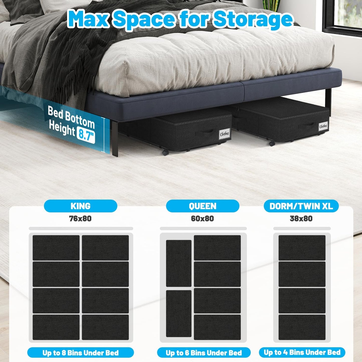 Under Bed Storage with Wheels, 2-Pack 10" Height XXL 75L Rolling Storage Bins, Quick Assembly Underbed Shoe Storage Containers with Clear Lid & Label, Dorm Under Bed Drawers for Clothes, Shoes, Black