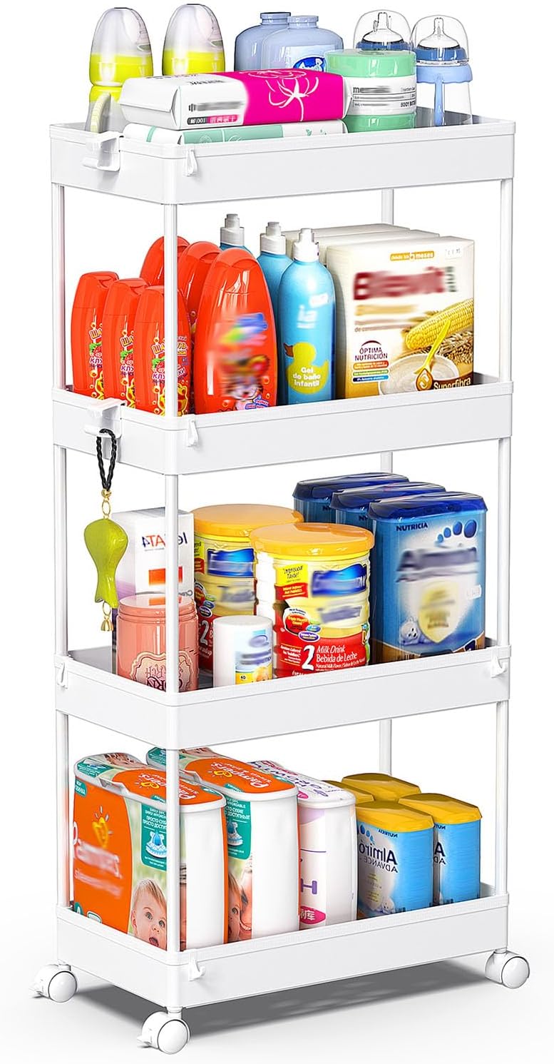 SPACEKEEPER 5-Tier Rolling Cart, Bathroom Storage Organizer Utility Cart, Mobile Shelving Unit Slide Out Shelves for Kitchen Living Room Laundry Room & Dressers, Black