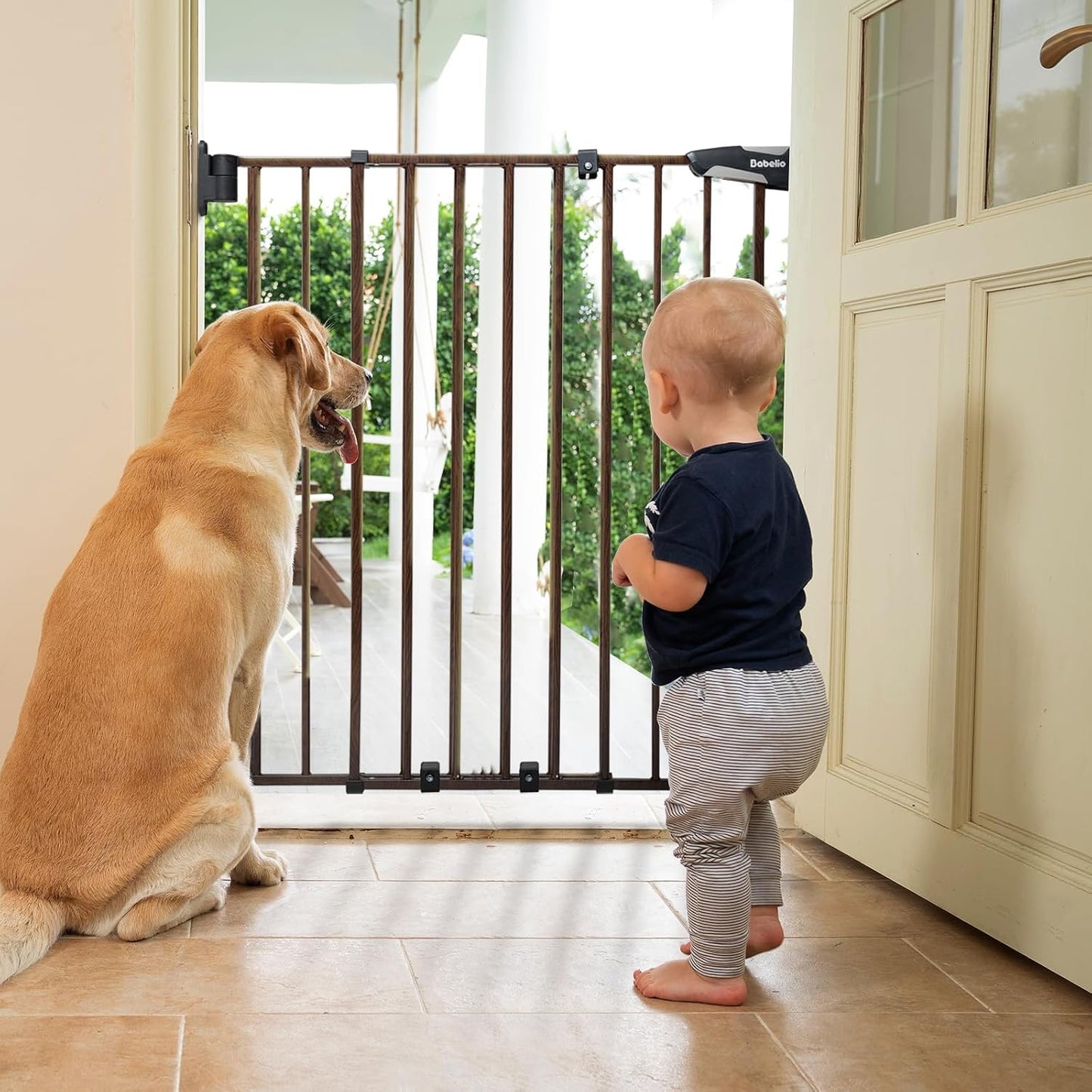 Babelio Baby Gate for Stairs, Kitchen & Doorways, No Bottom Bar| One-Handed Operation| Auto-Close| Hardware Mount (Drill Needed) Safety Dog/Pet Gate (Black - B17, 26-43" W, 28" H)