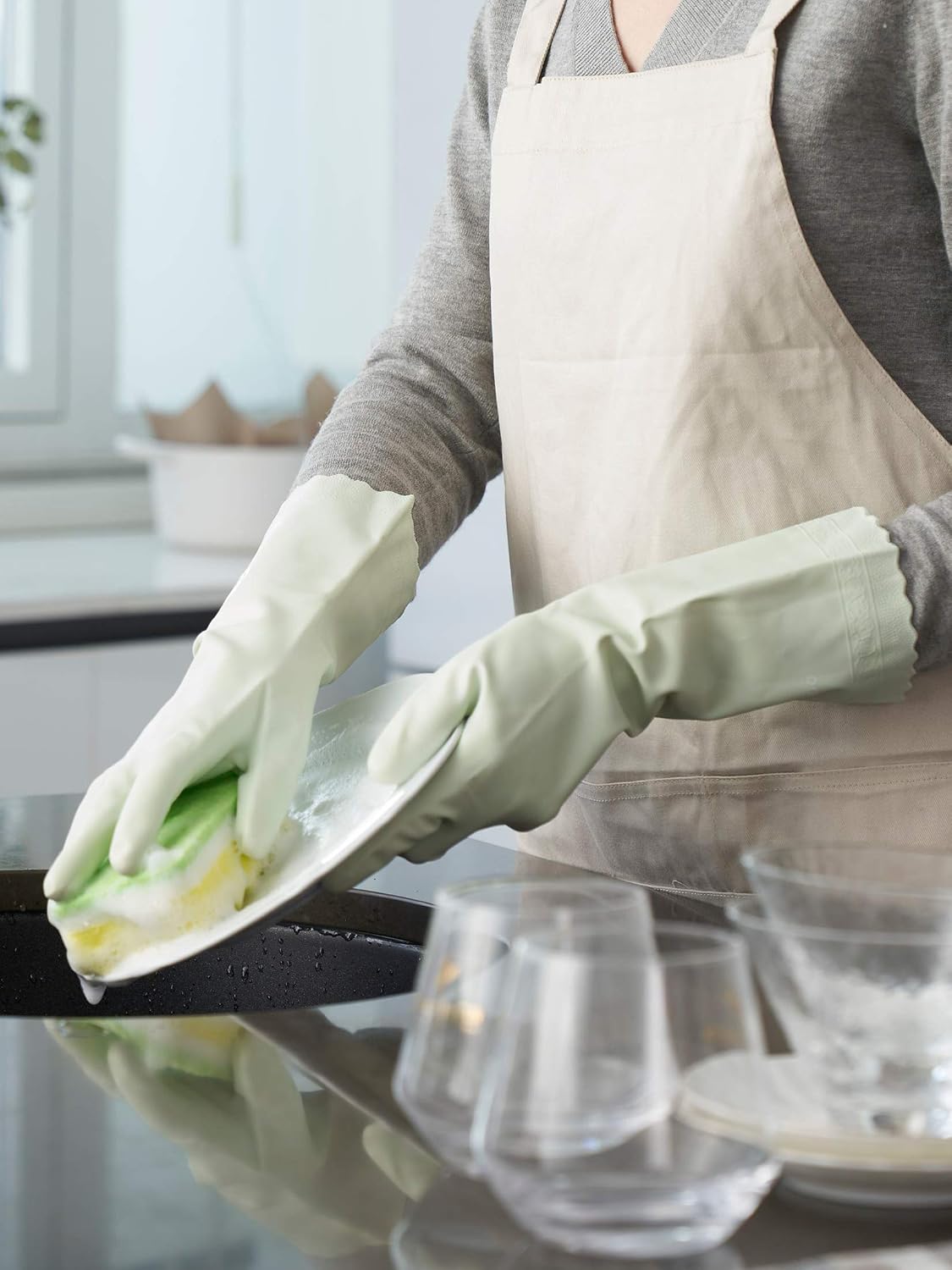 LANON wahoo Skin-Friendly Cleaning Gloves, Dishwashing Kitchen Gloves with Cotton Flocked Liner, Reusable, Non-Slip, Mauve Mist, Medium