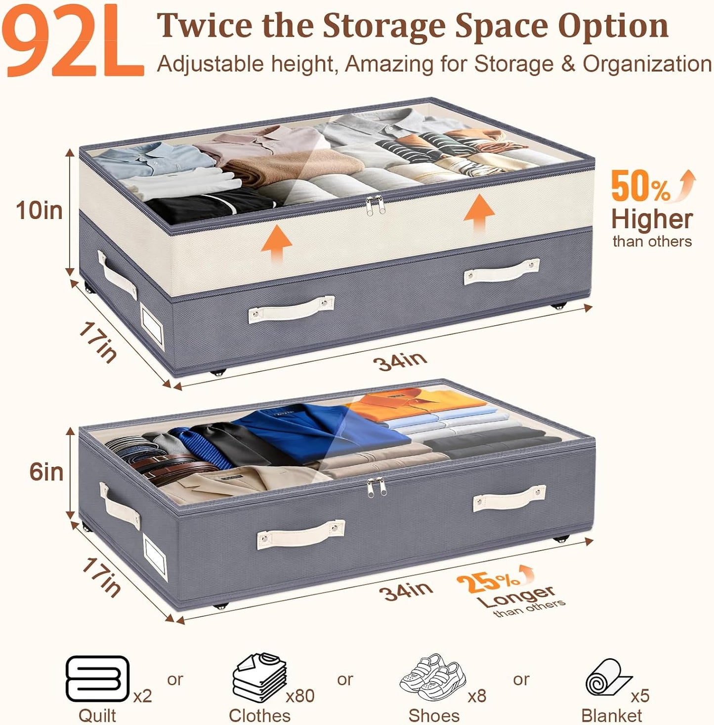 Dolicer 2 Pack Under Bed Storage with Wheels, 6in-10in Height Adjustable Underbed Storage Containers, 92L XXXL Under Bed Drawers Rolling Bin with Clear Lids for Dorm Shoes Clothes Organizers(Grey)