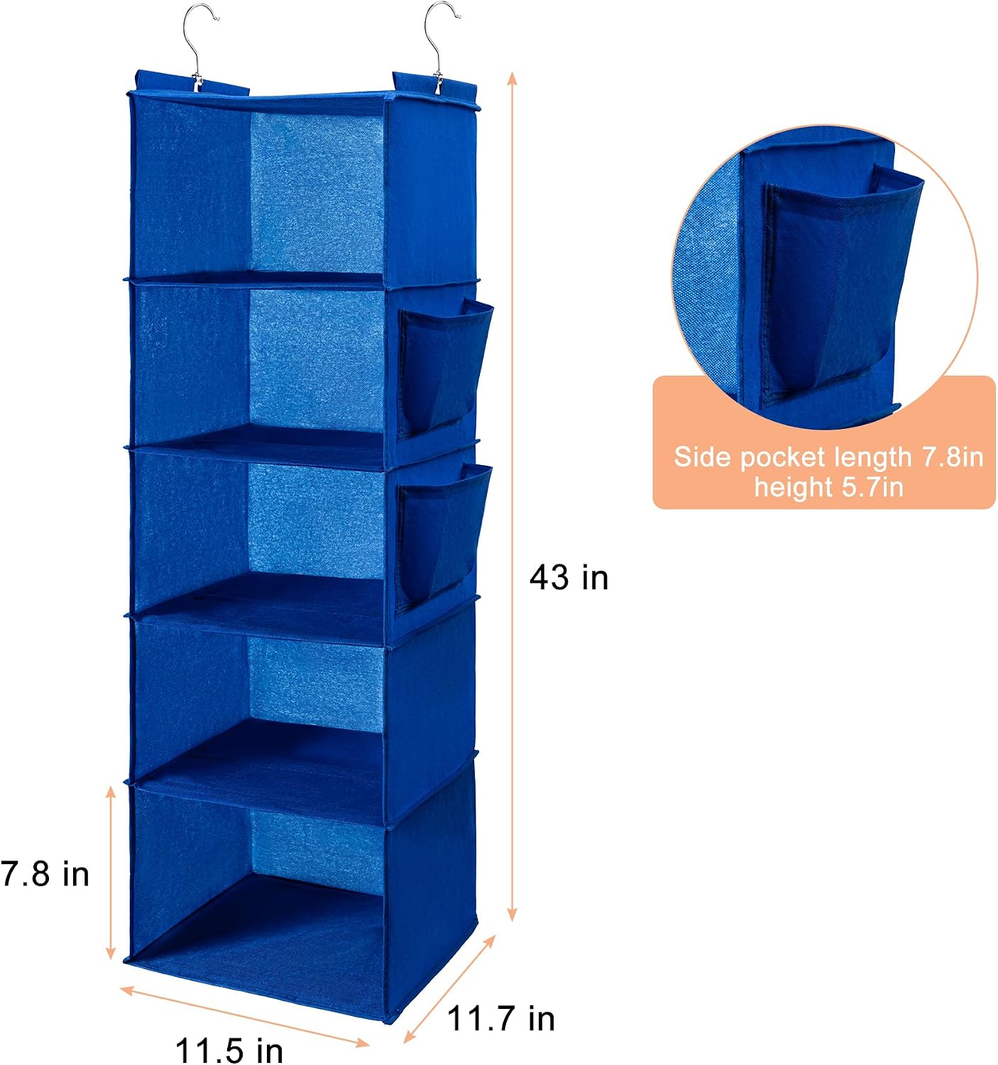 BOOMIBOO Hanging Closet Organize and Shelves，5-Hanging Shelf with 2 Side Pockets，Storage Foldable （Grey）