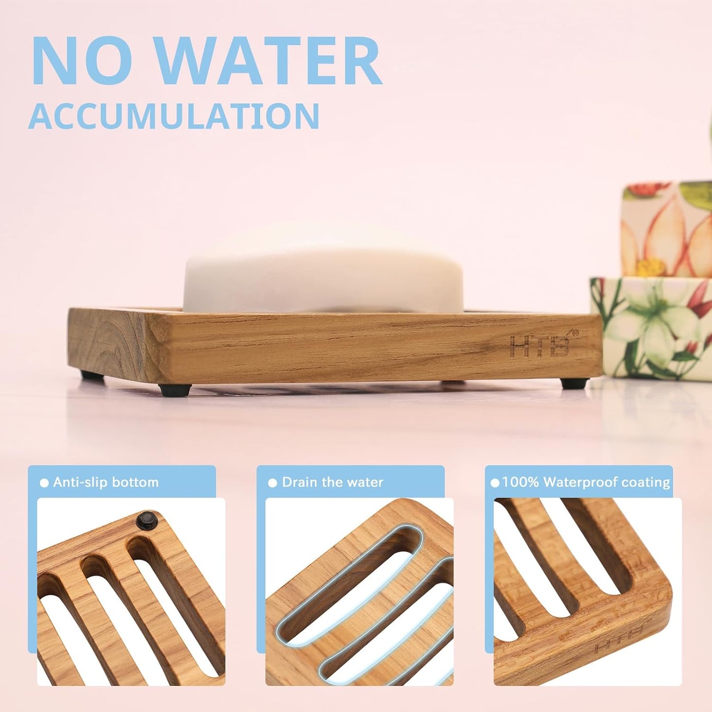 HTB Slotted Bar Soap Holder Teak Wood,Sponge Holder for Kitchen Sink | Self Draining Soap Dish for Shower, Bathroom, Bathtub, RV,Soap Saver Keep Soap Dry,Extend Soap Life,Bathroom Accessories