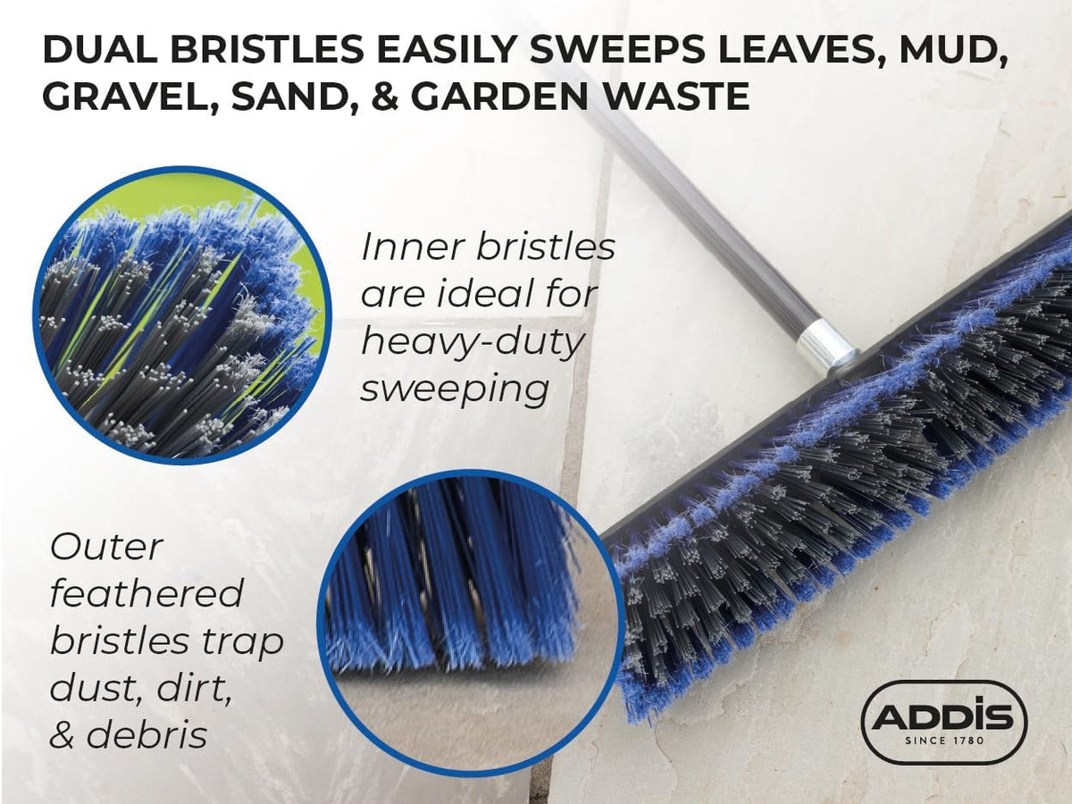 Outdoor Broom & Patio Brush by Addis – Heavy Duty 45cm (17.7") Angled Head with Stiff Bristles Deck Driveway Garden & Yard Sweeping Brush Large Push Broom for Concrete Tile Wooden Floors, Blue Black