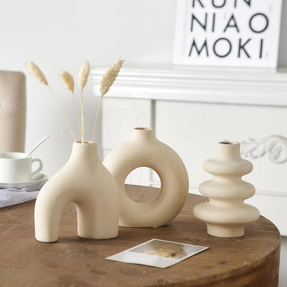 White Ceramic Vase Set of 3, Small Flower Vases for Pampas Grass, Modern Boho Vase for Decor, Round White Vases Centerpieces for Wedding Living Room Bedroom Coffee Table Dinner Table