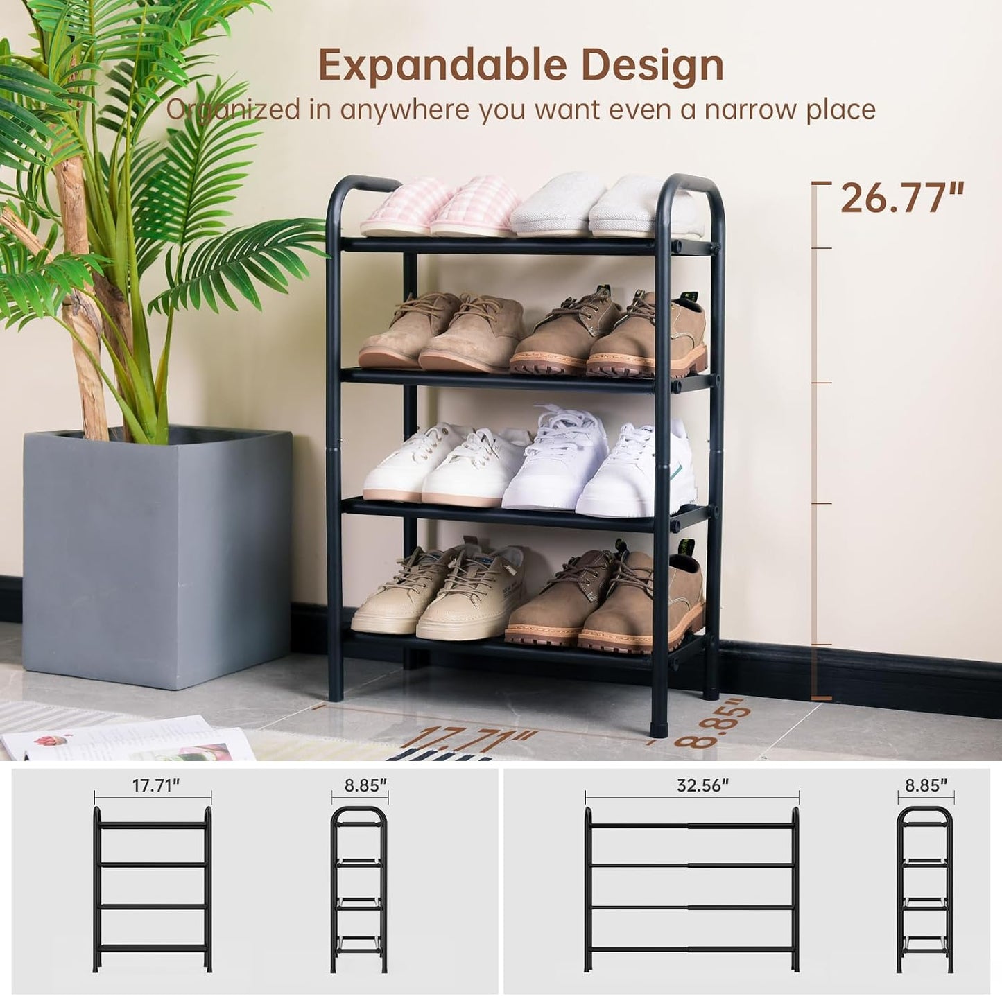 Gonfoam Shoe Rack for Closet, Expandable Shoe Organizer Storage Shelf, Adjustable Metal Free Standing Small Closet Shoe Rack for Entryway, Doorway (2-Tier Black)
