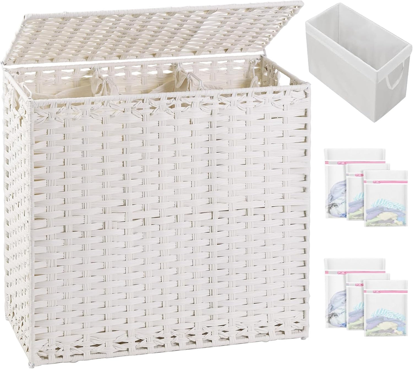 SETVSON Laundry Hamper with Lid Laundry Basket 132 L (35 Gal) Wicker Clothes Hamper, Handwoven Rattan Hamper with Handles and 4 Removable Liner Bags, 6 Mesh Bags for Laundry Bedroom Natural