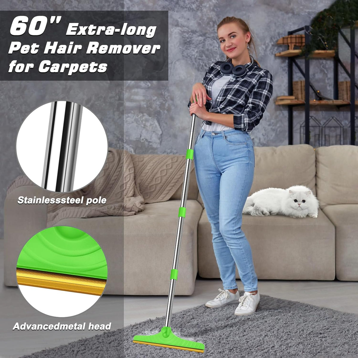 B-Land Carpet Rake for Pet Hair Removal, Reusable Pet Hair Remover with 60” Adjustable Long Handle, Carpet Scraper Broom Dog Cat Hair Remover Tool Fur Sweeper for Rugs, Mats