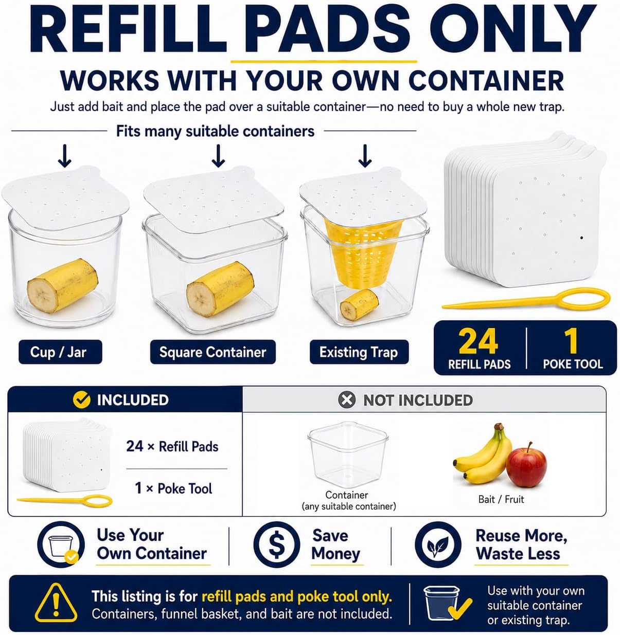 Fruit Fly Traps for Indoors, DIY Fruit Fly Traps - 4X Reuseable Funnel Traps + 24x Clear Sticky Trap - No-Mess, Uses Natural Bait