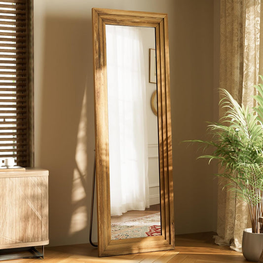 XRAMFY Full Length Mirror 65" x 22", Large Floor Mirror with Solid Wood Frame, Rectangular Style, Freestanding Wall Mounted or Leaning for Bedroom Living Room Entryway, Brown