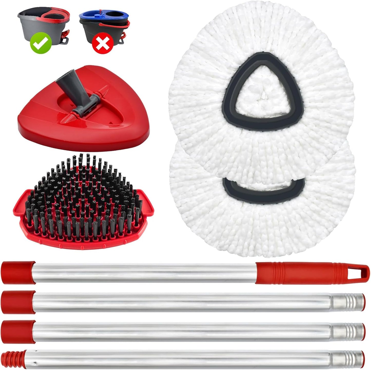 Spin Mop Handle,Mop Replace Heads,Brush and Base Compatible with O Cedar EasyWring 1 Tank,2 Microfiber Mop Refills and Brush,4-Section 30-58" Mop Handle,Mop Base Combo Set for Wet/Dry Floor Cleaning