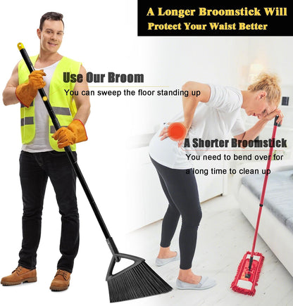 Heavy Duty Broom Outdoor and Indoor, 2 Pack Commercial Angle Brooms with Longer Handle, Perfect Black Broom for Garage, Kitchen, Courtyard, Restaurant