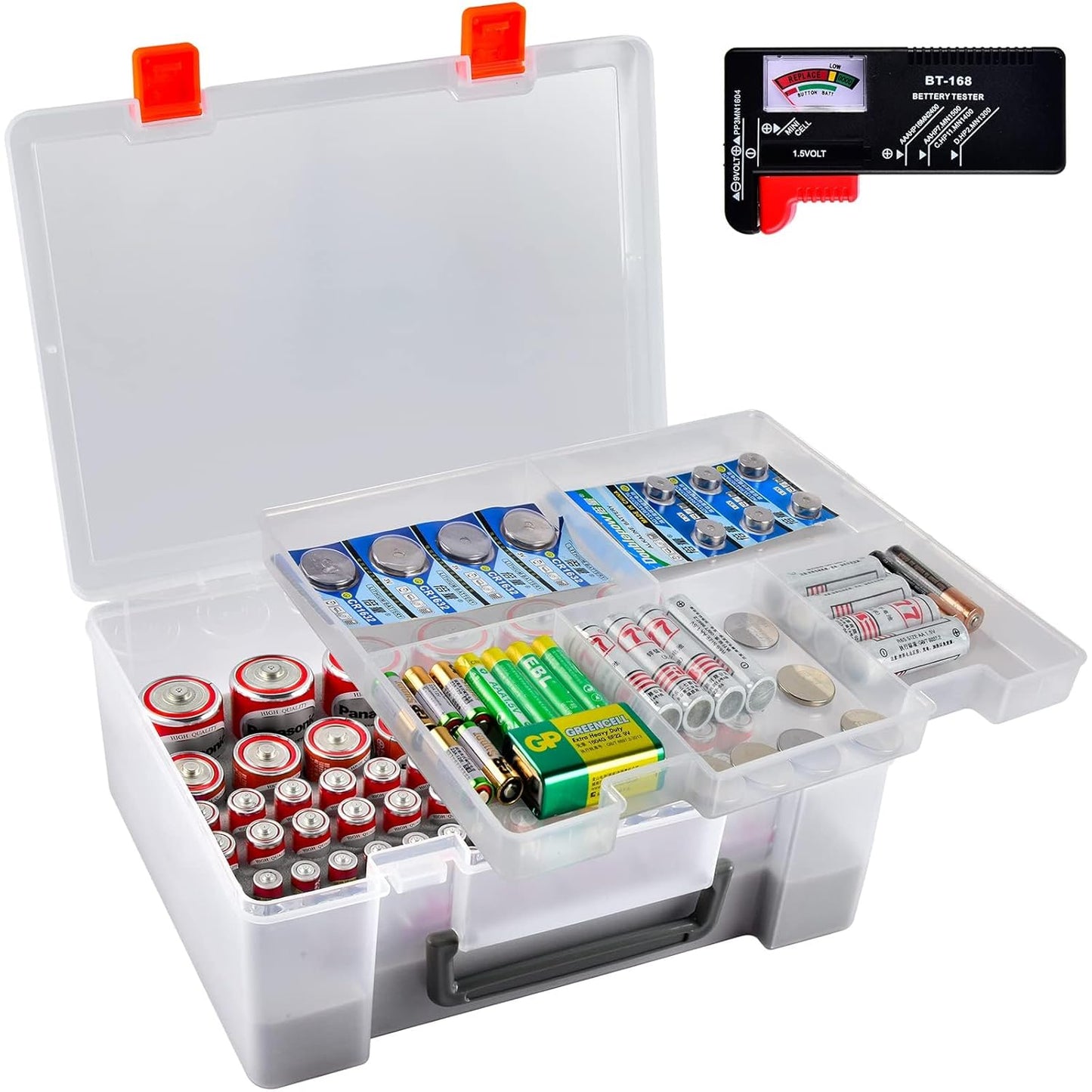Battery Organizer Storage Box, Garage Storage Containers Case Holder with Checker Tester Fits for AA AAA C D 9V Lithium 3V (Not Includes Batteries Pack)