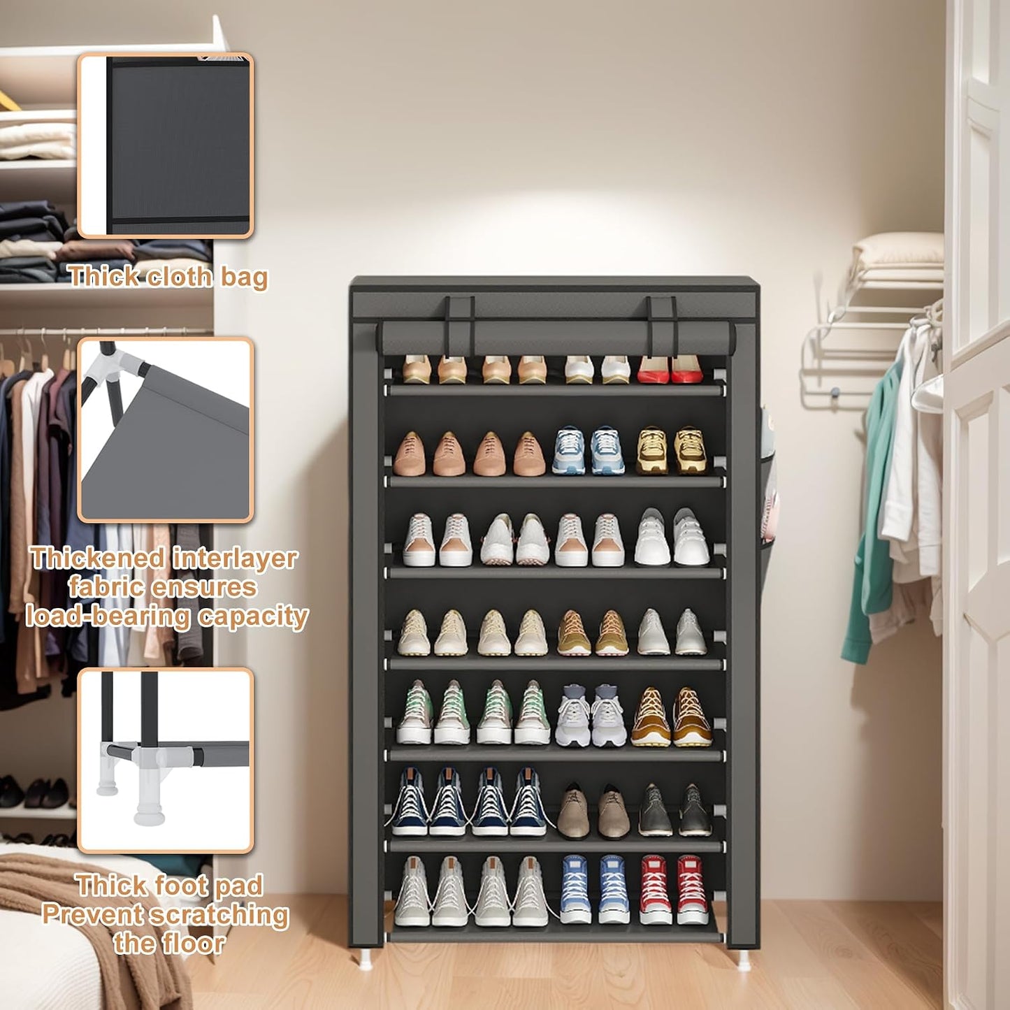 Laiensia 9-Tier Vertical Shoe Rack Organizer, Space Saving Shoe Storage Organizer, Non-Woven Cover Shoe Shelf Holds 36-45 Pairs for Bedroom, Hallway, Closet Entryway, Black