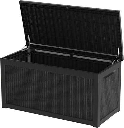 MAKINO 152 Gallon Resin Outdoor Storage Box, Waterproof Deck Box with Lockable Lid, Outside Storage Box for Patio Furniture, Pool Accessories, Garden Tools, Storage Bench for Backyard, Porch, Black