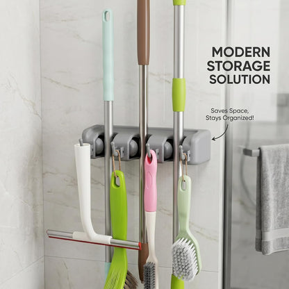 TOGU Mop and Broom Holder Wall Mounted 3 Position Storage Rack with 4 Retractable Hooks Holds up to 7 Tools Utility Weatherproof Holder for Garage Storage Systems Broom Organizer,Gray
