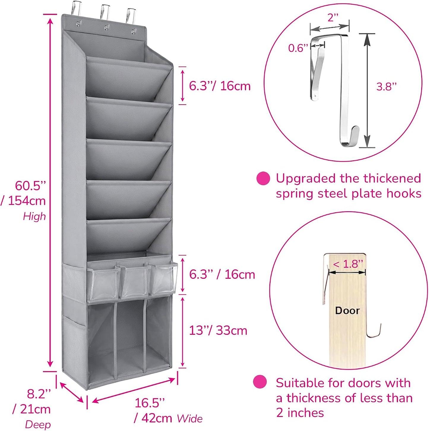 3in1 Over The Door Shoe Organizer with 5 Slanted Compartments,Removable Storage Bin & Transparent Pockets,Thickened Waterproof Oxford Fabric Shoes Rack for Shoes,Boots,Toys,Daily Essentials. (Beige)