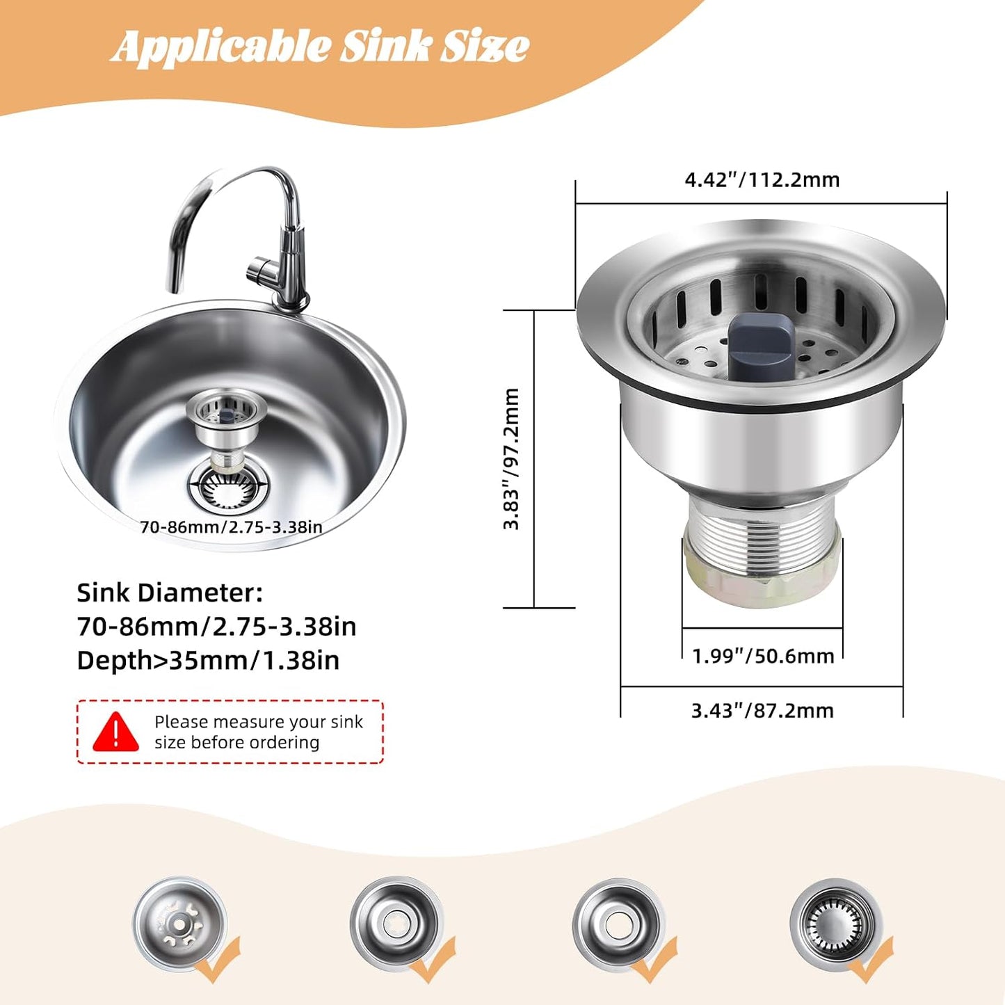 All Metal Sink Drain Strainer for Kitchen Sink, Universal Fit | Pop Up 3-in-1 Sink Stopper Drainer, 304 Stainless Steel Basket for US Standard 3-1/2 inch Drain Filter, Anti-clog