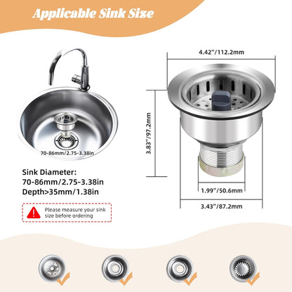 All Metal Sink Drain Strainer for Kitchen Sink, Universal Fit | Pop Up 3-in-1 Sink Stopper Drainer, 304 Stainless Steel Basket for US Standard 3-1/2 inch Drain Filter, Anti-clog