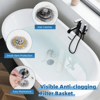 Universal Bathtub Drain Stopper Shower Drain Hair Catcher, Tub Stopper with Visible Top Strainer, Upgraded 3 in 1 Pop-up Drain Plug Fit for 1.5 to 2.4" Hole, Stainless Steel Filter Basket, Chrome