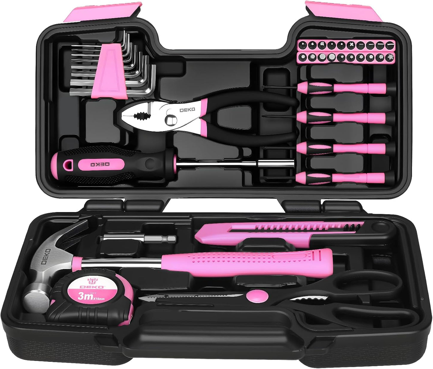 DEKOPRO 39-Piece Pink Household Tool Kit for Women, Basic Hand Tool Set with Plastic Toolbox Storage Case, Small Starter Tool Box Set for Home Repairs, DIY Projects, Crafts and Dorm Essentials