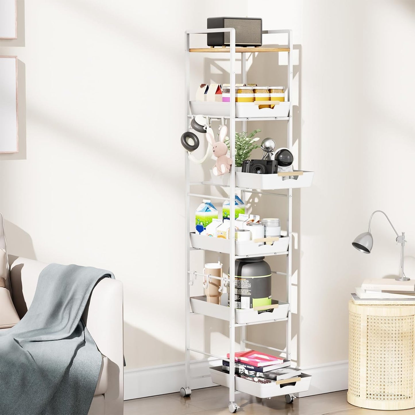 6 Tier Slim Storage Cart with Pull-Out Baskets Rolling Cart with Wheels Wood Top Narrow Utility Cart Metal Shelving Units for Pantry Laundry Room Bathroom Kitchen White 8in(W)