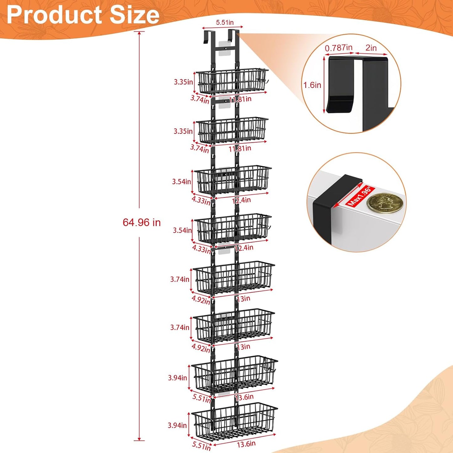 Hongtamoya Over The Door Organizer, Hanging Door Organizer with 5 Metal Baskets, Behind The Door Storage for Pantry Closet Bedroom Bathroom Cabinet Kitchen, White
