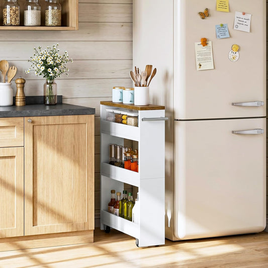 CHOEZON Slim Storage Cart, Slim Storage Rack on Wheels, Rolling Trolley with Handle, Storage Organizer, for Kitchen, Dining Room, Living Room, Laundry Room, White and Walnut MTC01WL