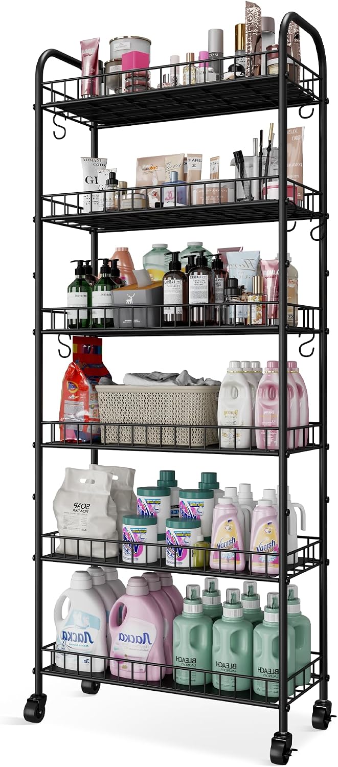 Slim Rolling Storage Cart with Wheels, Metal 6 Tier Spice Rack Mobile Shelving Unit Organizer Kitchen Utility Cart for Office Bathroom Kitchen Laundry Room Narrow Places (6inches)