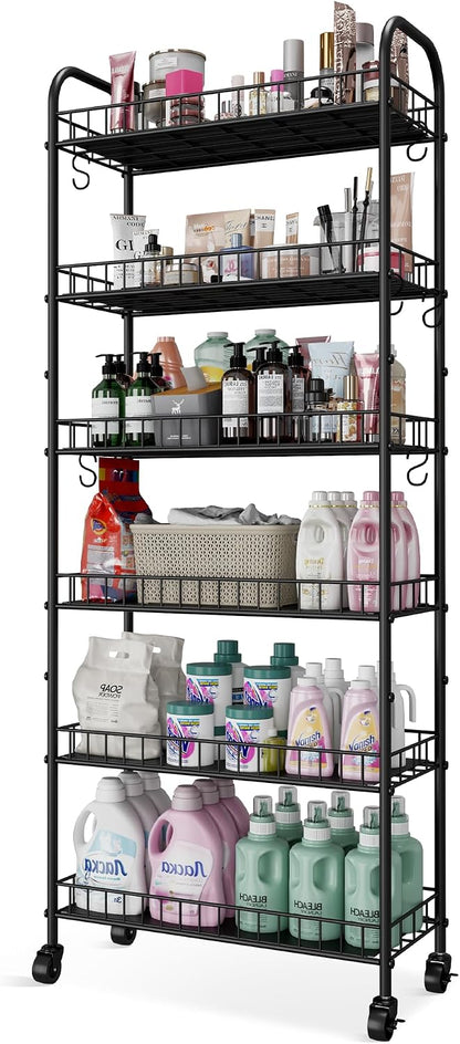 Slim Rolling Storage Cart with Wheels, Metal 6 Tier Spice Rack Mobile Shelving Unit Organizer Kitchen Utility Cart for Office Bathroom Kitchen Laundry Room Narrow Places (6inches)