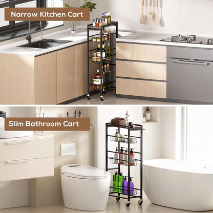 4 Tier Slim Rolling Storage Cart with Pull-Out Baskets, Narrow Sliding Storage Slim Laundry Cart Slim Rolling Kitchen Cart