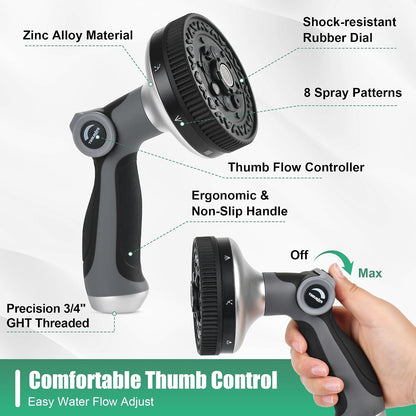 Garden Hose Nozzle - Heavy Duty Water Hose Sprayer with 8 Spray Patterns, Dia 90mm Thumb Control On/Off Valve, Durable Zinc Alloy Body for Lawn, Car & Pet Cleaning