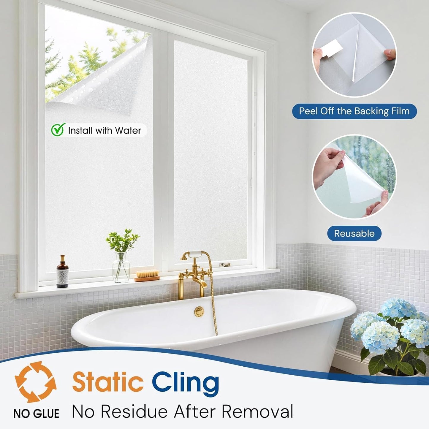 Homein Frosted Glass Window Privacy Film with Tools UV Blocking Privacy Film for Glass Windows, Static Cling No Glue Removable Reusable Anti Glare for Home Day and Night, Pure 17.5" x 78.7"