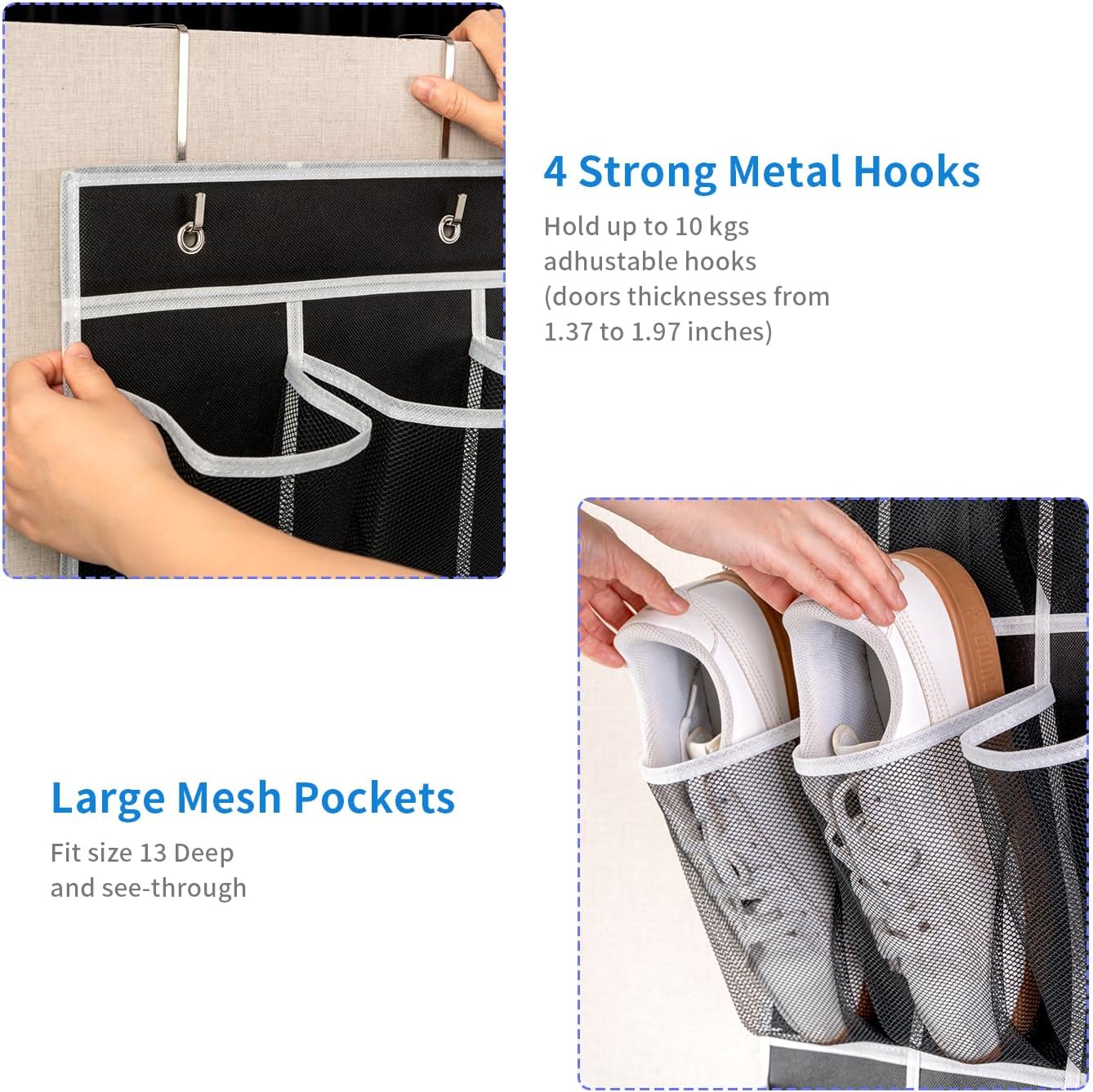 SAVERHO 35 Pockets Over the Door Shoe Organizer, Hanging Shoe Organizer for Door with 35 Mesh Pockets Large Capacity Shoe Hanging Storage Bag with 4 Metal Hooks (White-1Pack)