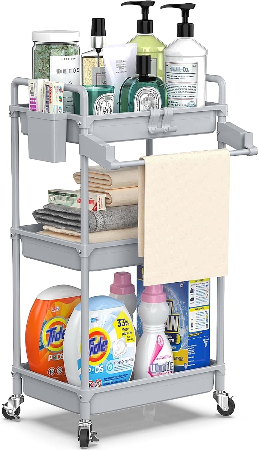 SPACEKEEPER Rolling Storage Cart, 4-Tier Bathroom Organizer Utility Cart Laundry Room Organization Mobile Shelving Unit with Towel Rack, Lockable Wheel, Hooks & Cup for Kitchen Bedroom Office, White