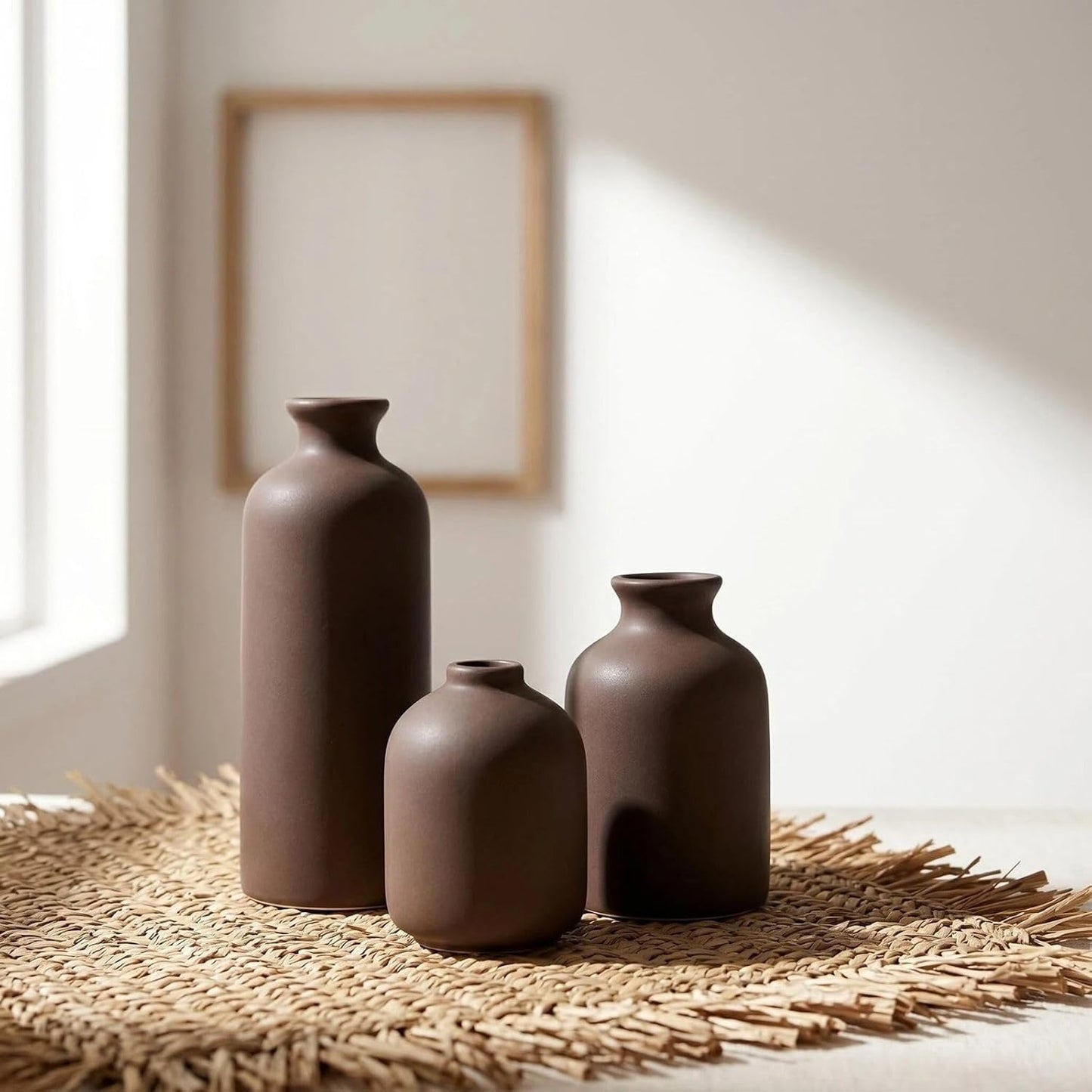 Small Ceramic Vase Set of 3, Boho Home Decor Vases for Dried Flowers,Farmhouse,Shelf,Bathroom,Centerpiece for Entryway Table Decoration Gifts
