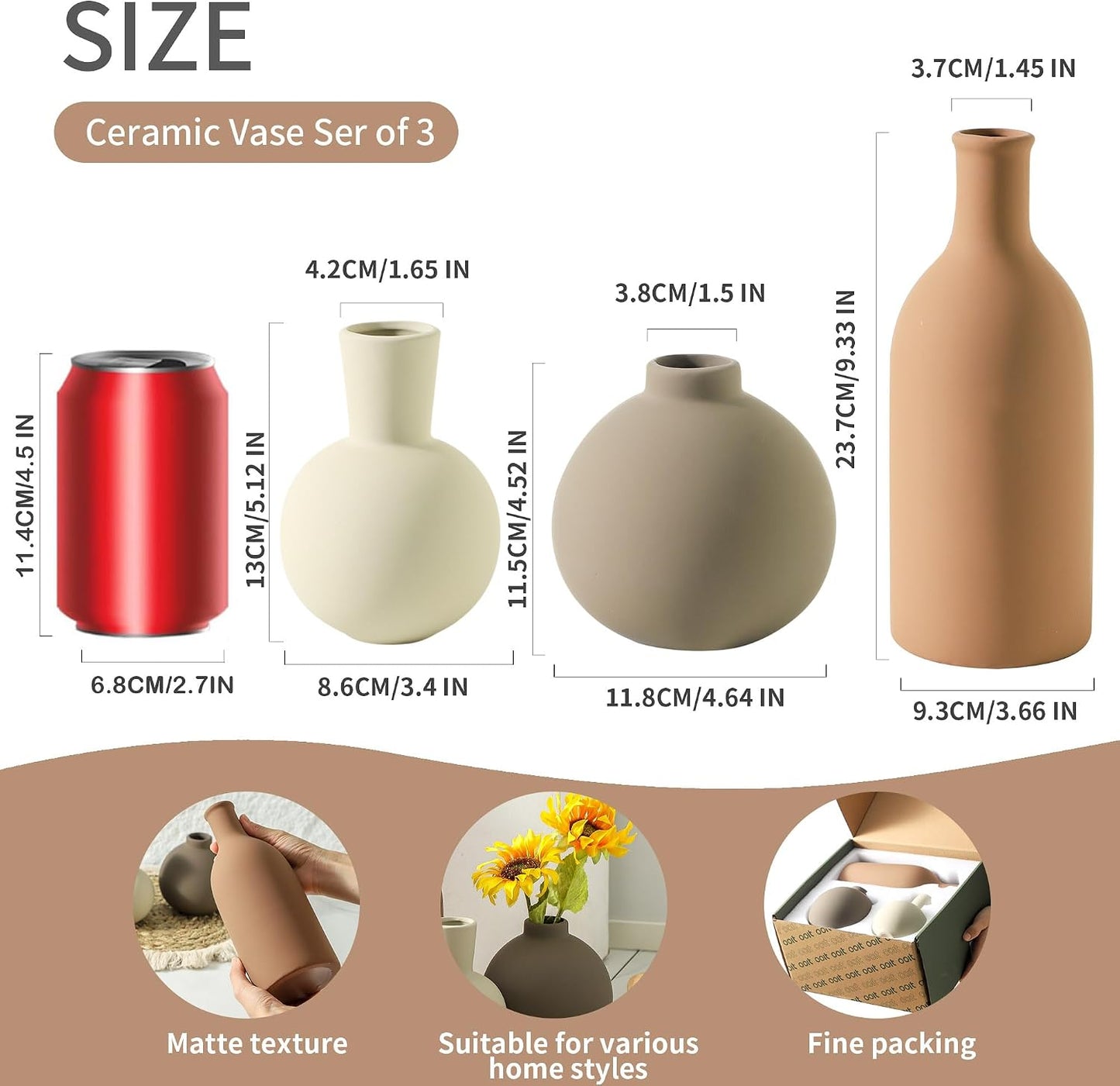 Ceramic Vase Set of 3, Decorative Vases Home Decor Modern Neutral Flower Pampass Boho Vase for Living Room, Table, Mantel, Entryway, Bookshelf, Kitchen, Bedroom, Bathroom - White