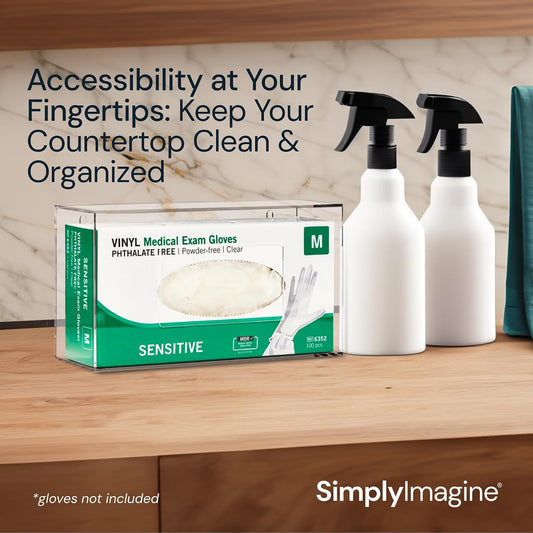 SimplyImagine Acrylic Glove Box Dispenser - Clear, Wall Mount, 1ct | Clear acrylic side-loading holder - single - Use for disposable gloves in kitchen, lab & garage