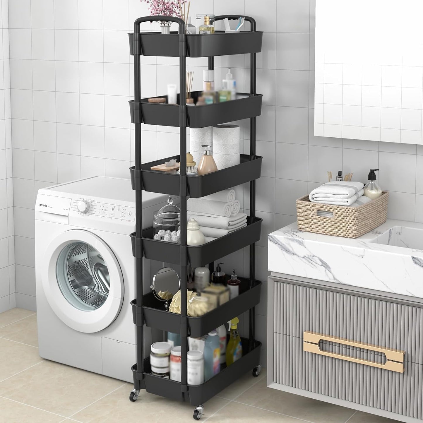 Sywhitta 4-Tier Plastic Rolling Utility Cart with Handle, Multi-Functional Storage Trolley for Office, Living Room, Kitchen, Movable Storage Organizer with Wheels, Black