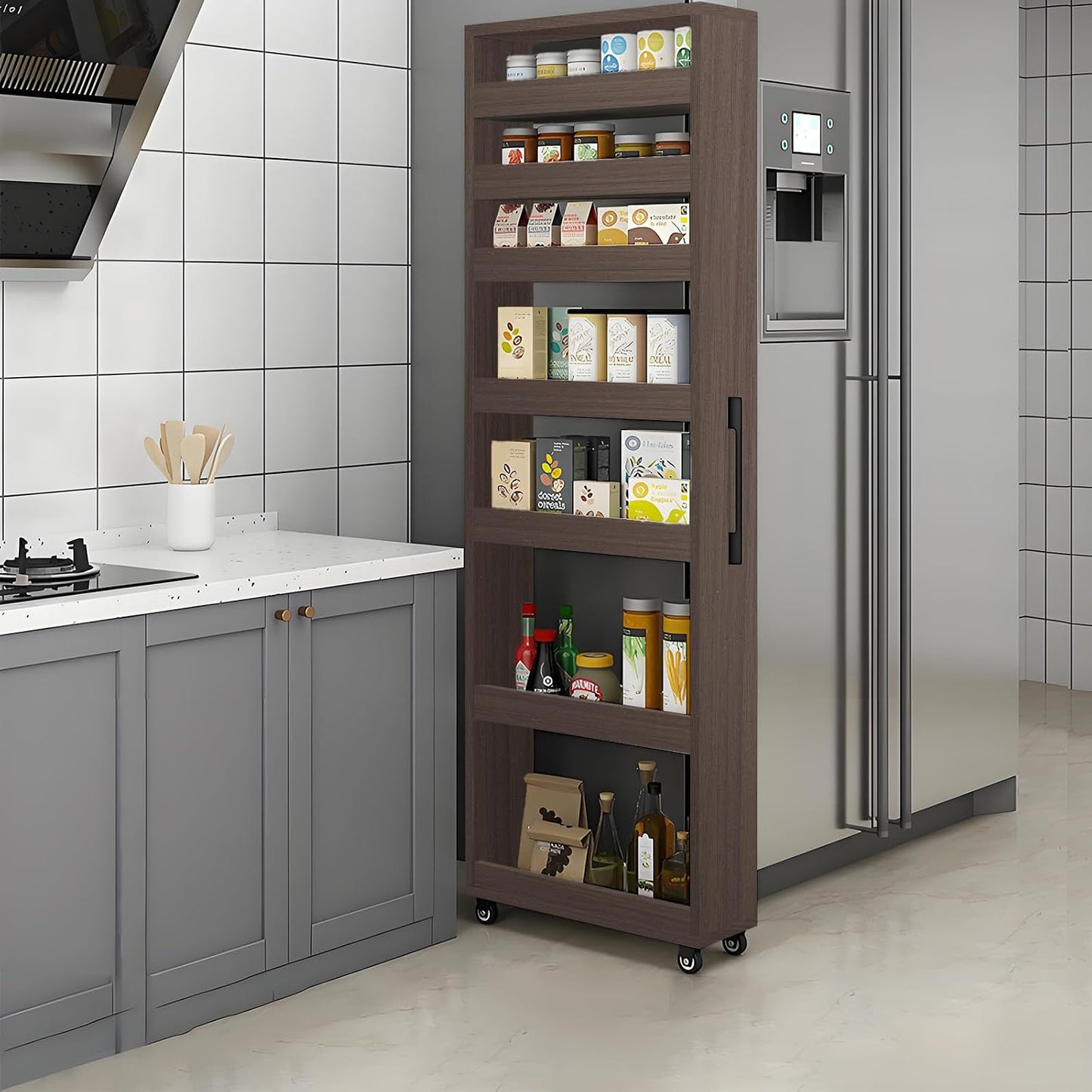 Slim Storage Cart,7 Tier Standing-Shelf with Wheels,Narrow Pantry Organizer for Small Spaces, Mobile Gap Storage Shelf for Kitchen, Laundry Room, Bathroom