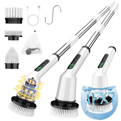 Shower Scrubber with Long Handle, Shower Cleaner Brush with 8 Floor Machine Pads, Cordless Electric Spin Scrubber for Cleaning with 2 Speed, Cleaning Supplies for Bathroom Bathtub Kitchen Floor Tile