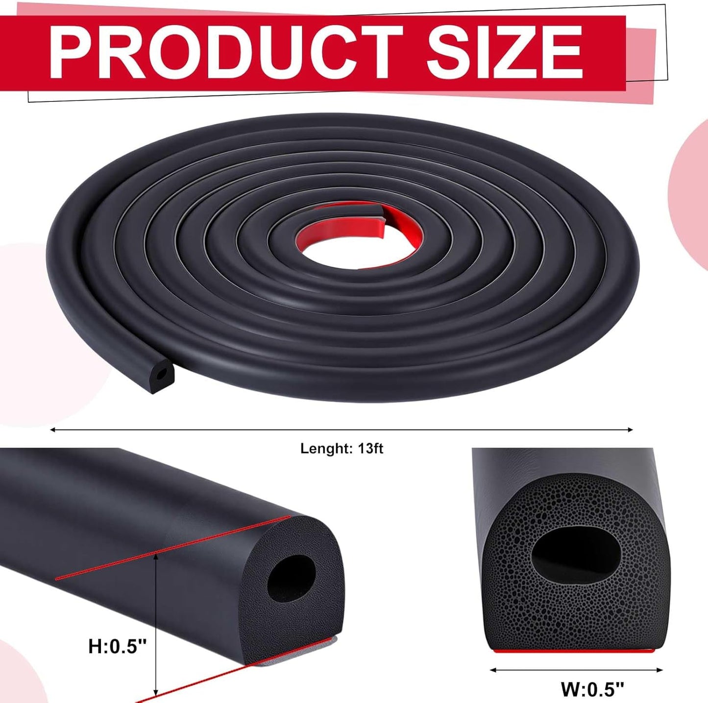 Pangda 13ft Foam Rubber D Shape Seal Strip 1" W x 0.5" H Self Adhesive EPDM Rubber Weather Stripping RV Slide Out Seal Heavy Duty Automotive Weather Stripping for Car Truck RV Boat Home
