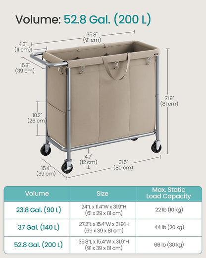 SONGMICS Laundry Basket with Wheels, 3-Section Rolling Laundry Hamper, 52.8 Gallons (200 L), Removable Liner, Steel Frame with Handle, 35.8 x 15.4 x 31.9 Inches, Cream White URLS005W01