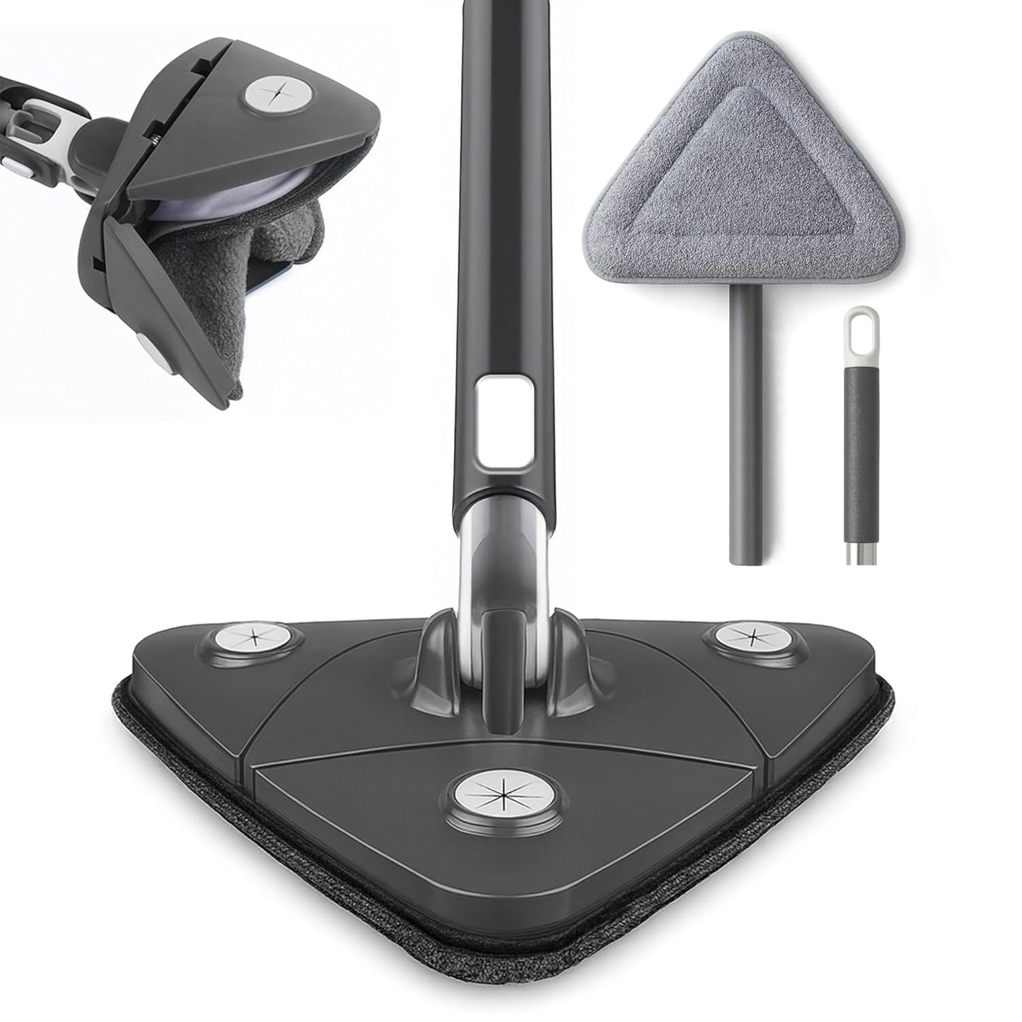 OVENTE Wall Cleaner Mop with 50" Adjustable Handle, Squeegee, Reusable and Easy to Clean Microfiber Pad, 360° Triangular Cleaning Tool Duster for Painted Walls/Baseboard/Window/Floor, Grey CTM311GY