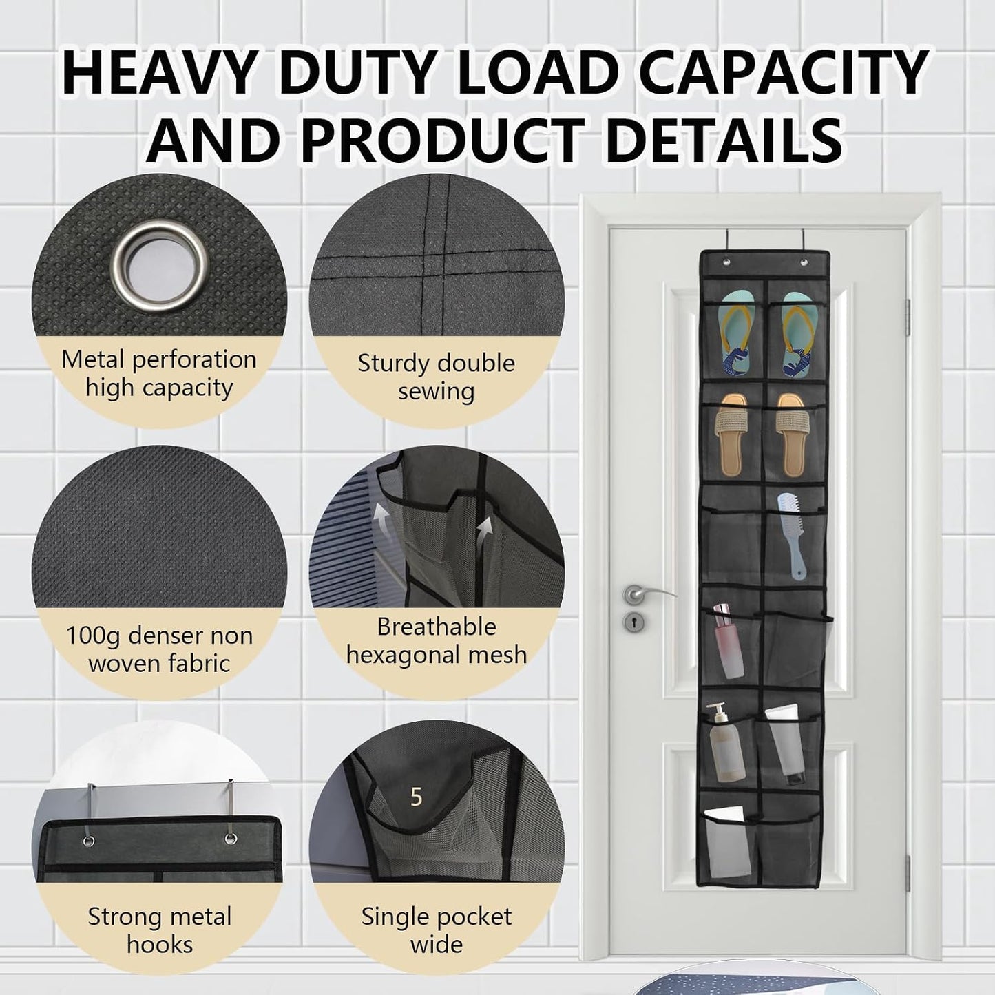 Over the Door Shoe Organizer, 12 Mesh Pockets Hanging Shoe Organizer with 4 Metal Hooks (Black)