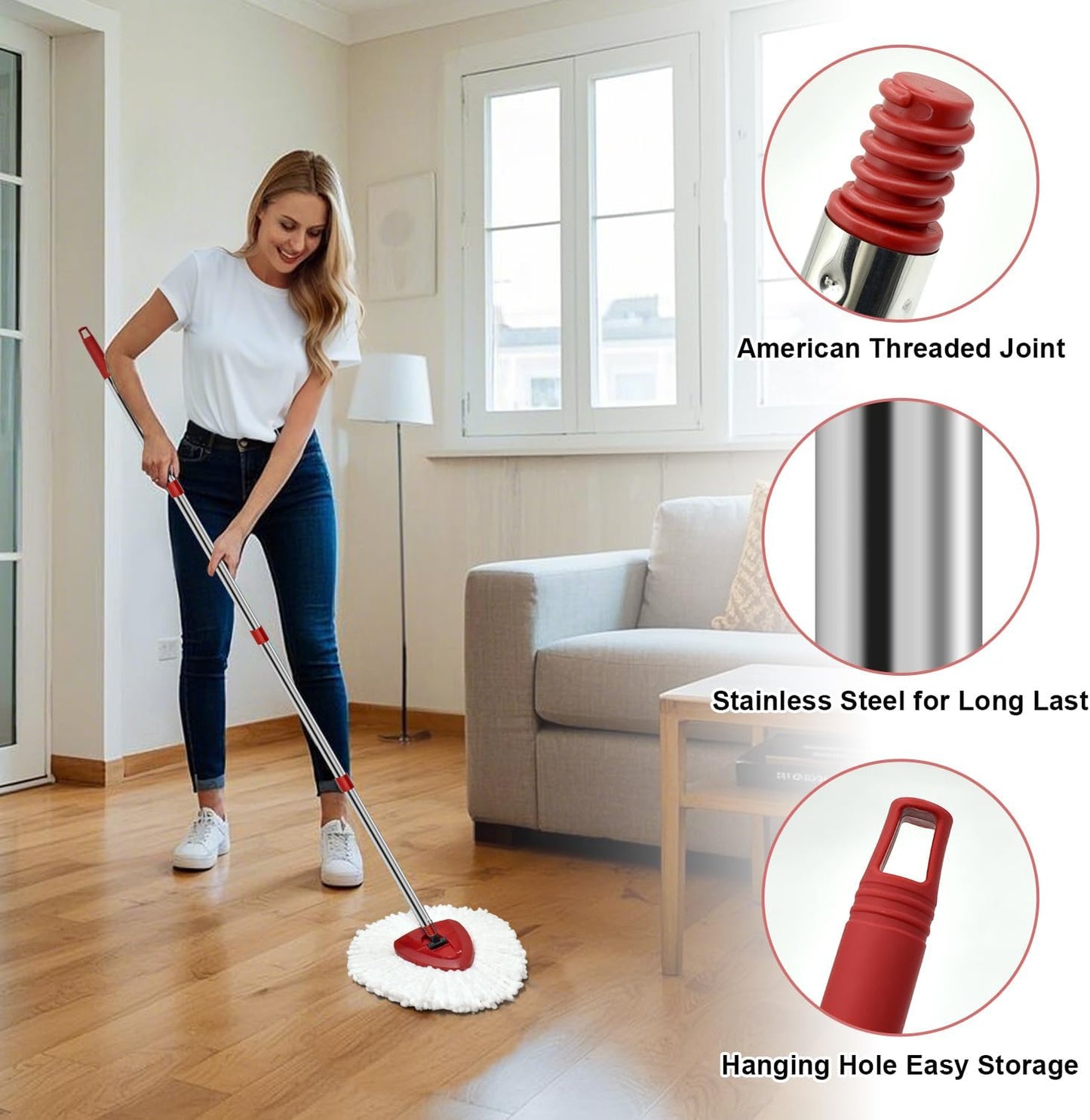 Mop Replace Heads Mop Handle and Base Replacement for O Cedar EasyWring 1-Tank Spin Mop System, 2 Microfiber Mops Refills, 4-Section Iron Mop Handle 30-58Inch and 1 Mopping Heads Cover Set (No Bucket)