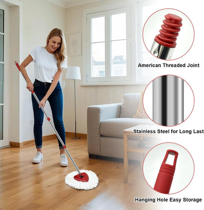 Mop Replace Heads Mop Handle and Base Replacement for O Cedar EasyWring 1-Tank Spin Mop System, 2 Microfiber Mops Refills, 4-Section Iron Mop Handle 30-58Inch and 1 Mopping Heads Cover Set (No Bucket)