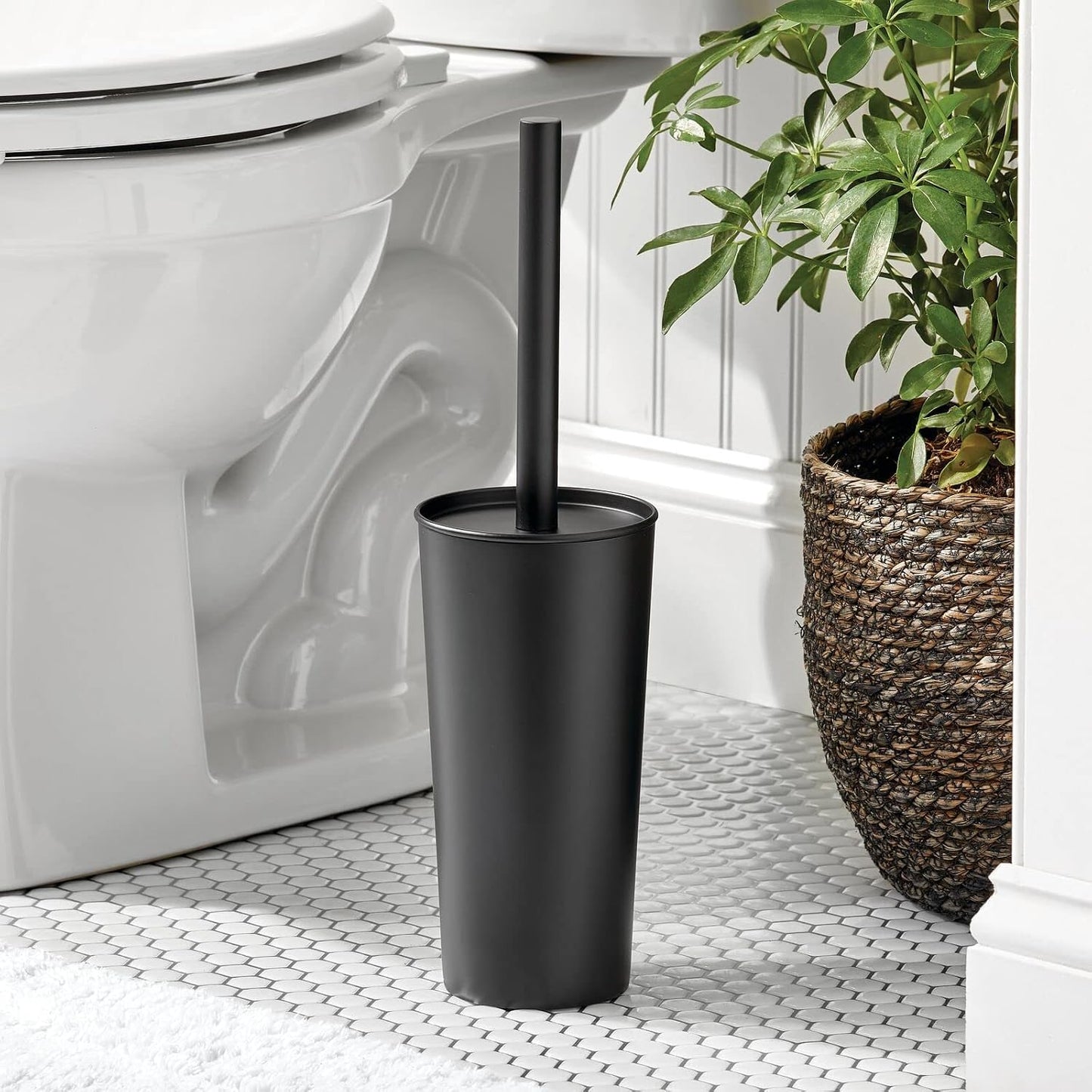 mDesign Metal Freestanding Slim Toilet Bowl Brush and Holder + Rectangle Narrow 5 Liter / 1.3 Gallon Step Pedal Trash Can Wastebasket for Bathroom - Small, Compact Design - Set of 2 - Brushed/Chrome