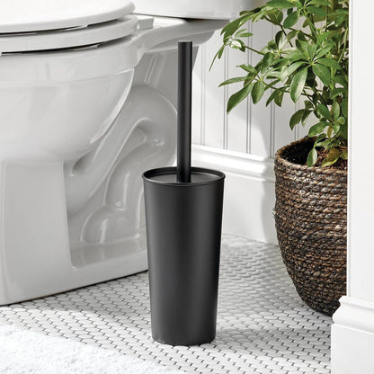mDesign Metal Freestanding Slim Toilet Bowl Brush and Holder + Rectangle Narrow 5 Liter / 1.3 Gallon Step Pedal Trash Can Wastebasket for Bathroom - Small, Compact Design - Set of 2 - Brushed/Chrome